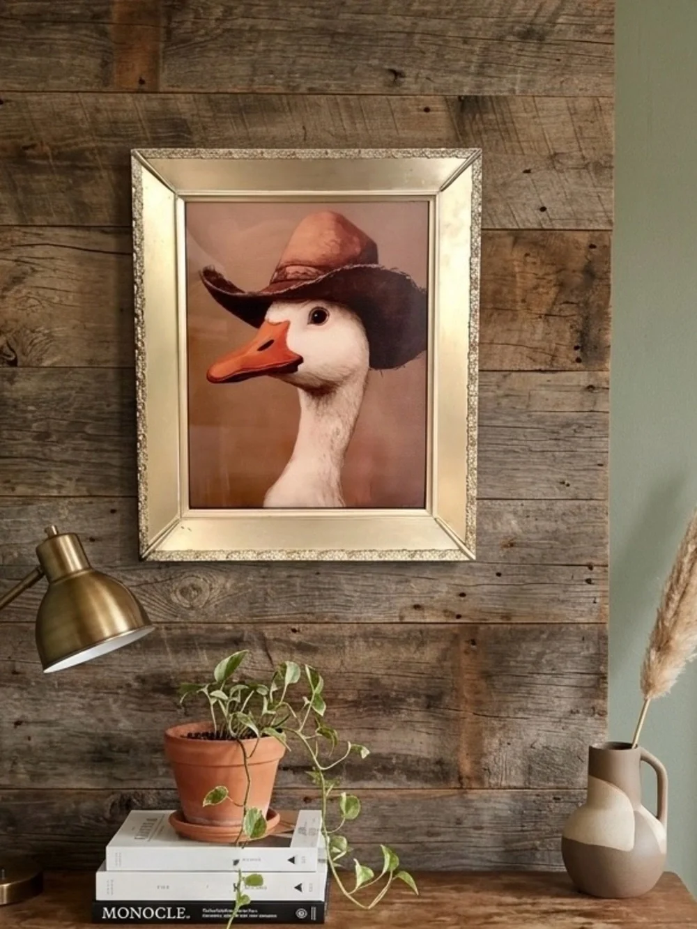 Cowboy Duck Goose Farm Animal Art Canvas Print Gold Vintage Metal Framed Western