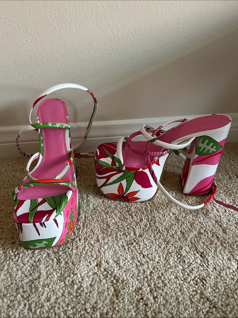 Cult Gaia Pink Floral Platform Sandals with Ankle Strap
