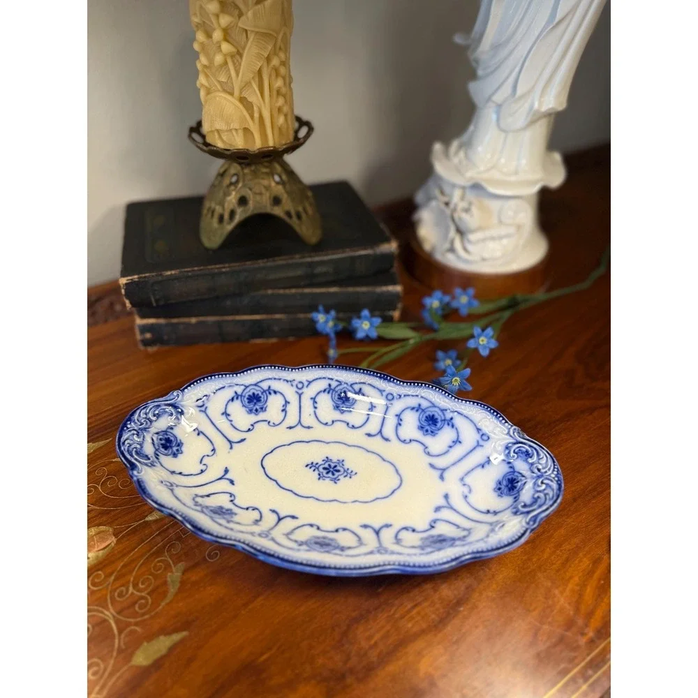 Antique W.H. Grindley Beaufort Flow Blue Dish •‎ Oval Vanity Tray