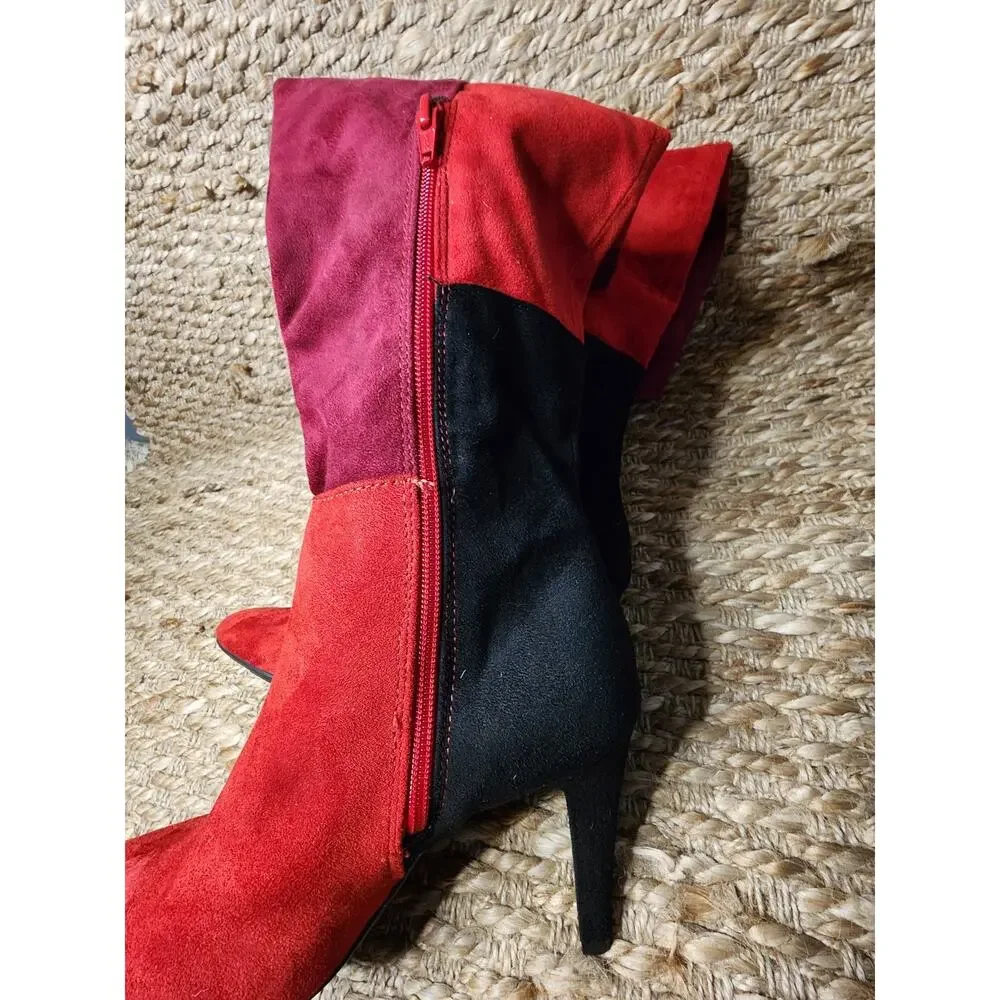 Rialto Carpio Tall Over Knee Suede Boots Red Black Colorblock Heeled Size 9.5 M