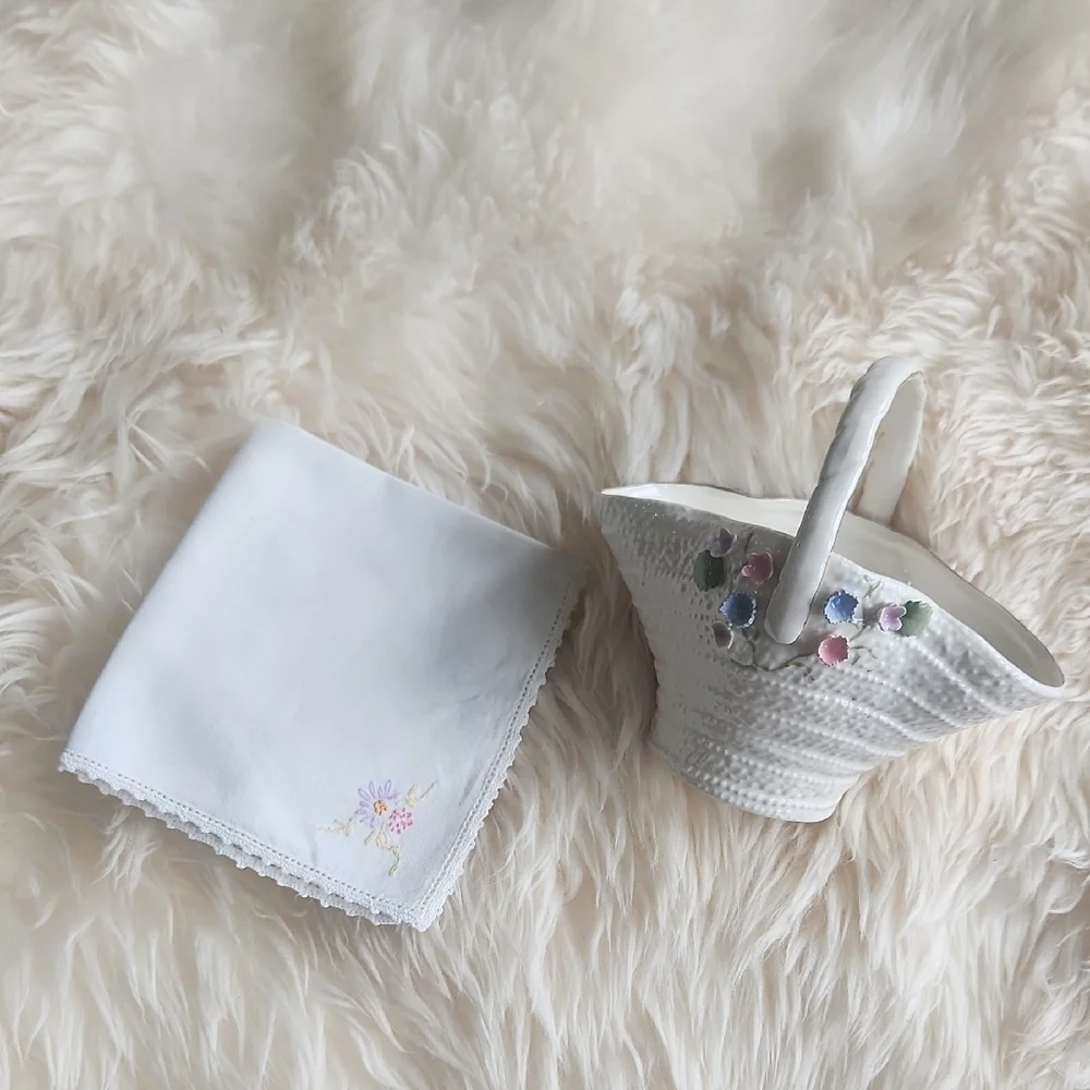 Lefton's Ceramic Basket with Floral Design Embroidered Napkin