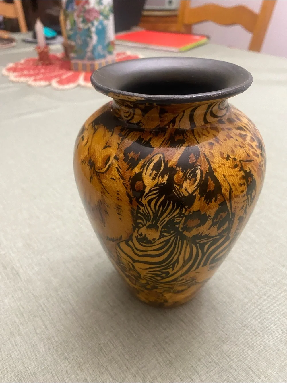 Vintage Safari Decorative Vase: African Jungle Patchwork Ceramic Decor