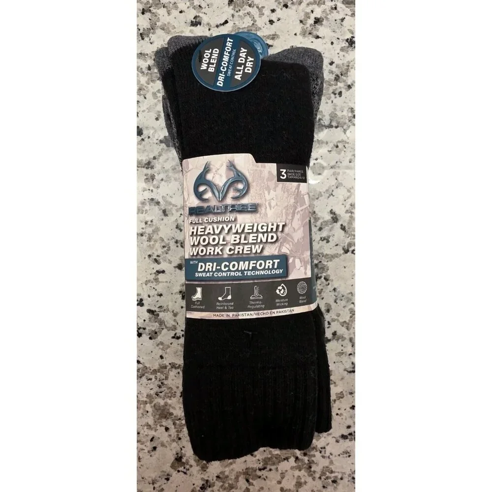 Realtree 3 Pair Heavyweight Wool Blend Work Crew Socks‎ Mens 6-12