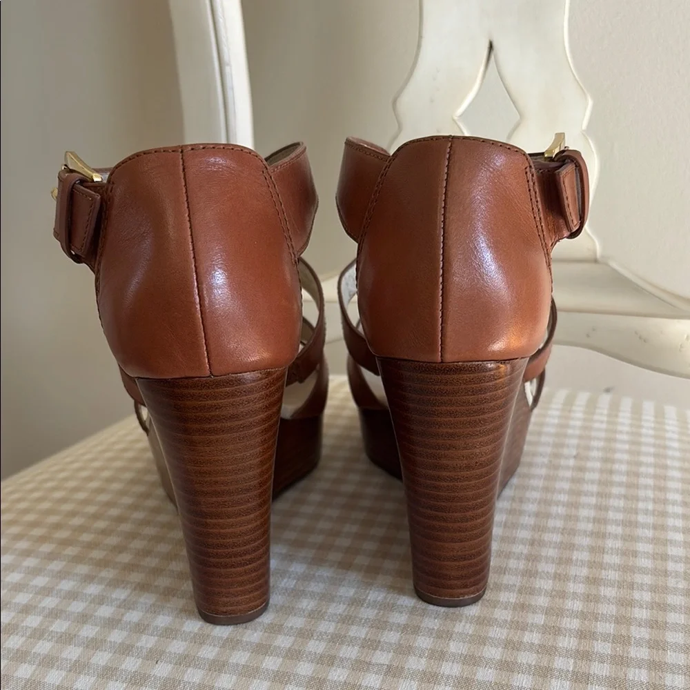 Michael Kors Tan Leather Wedge Sandals with Gold MK Medallion