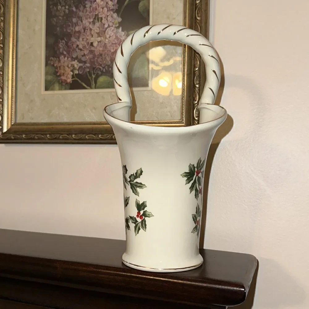 Living Quarters Christmas Winterberry Basket Vase White Green Red Gold