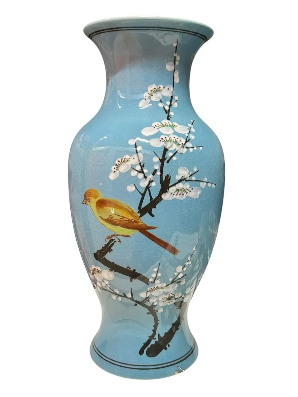 Vintage Light Blue Crackle Glaze Ceramic Vase –  Bird & Cherry Blossom 11.5”