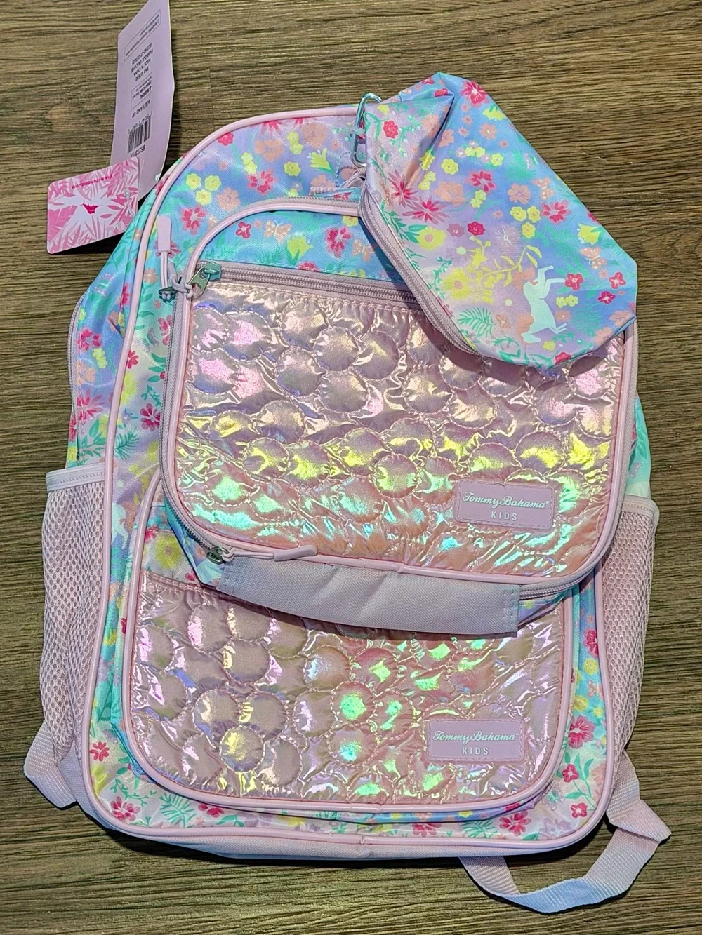 BRAND NEW 5 Piece Tommy Bahama Kids Pink Holographic Floral backpack combo set