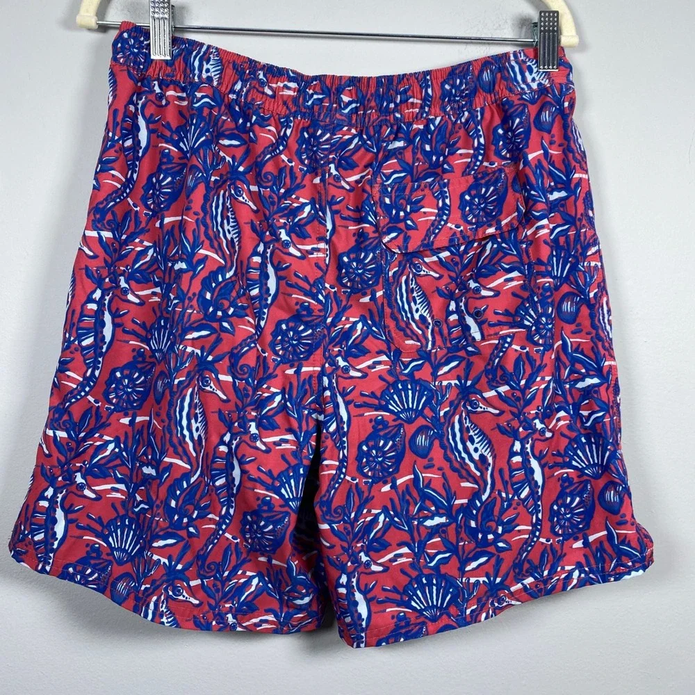 Vineyard Vines Swim Trunks Mens XL Red Seahorse Nautical Print 6 Inch Inseam