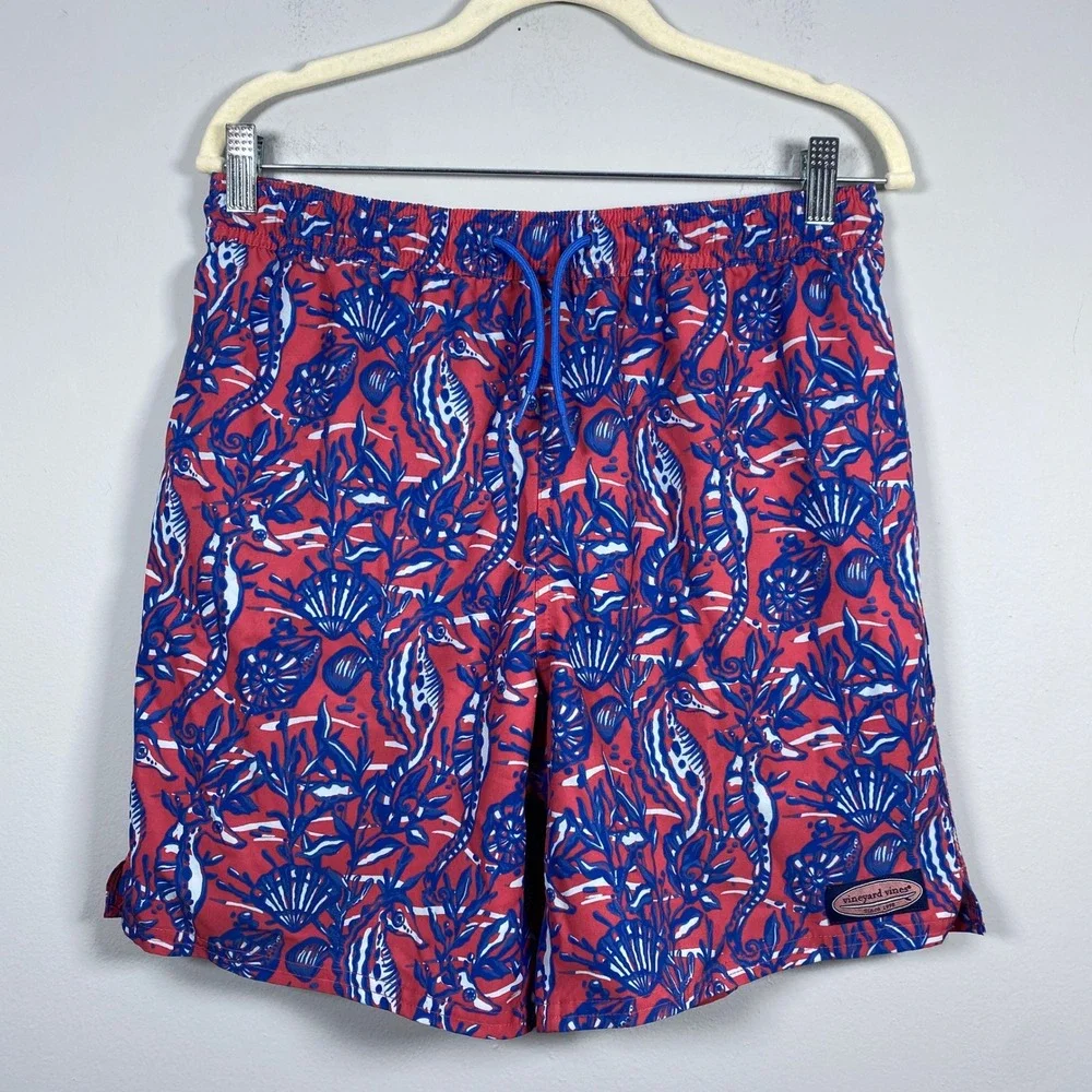 Vineyard Vines Swim Trunks Mens XL Red Seahorse Nautical Print 6 Inch Inseam