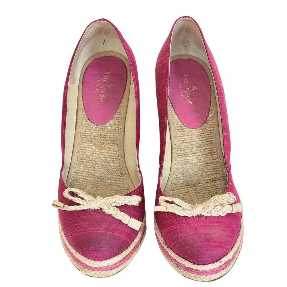 Kate Spade New York Pink Silk Espadrille Wedge Pumps Rope Bow Heels Womens 7