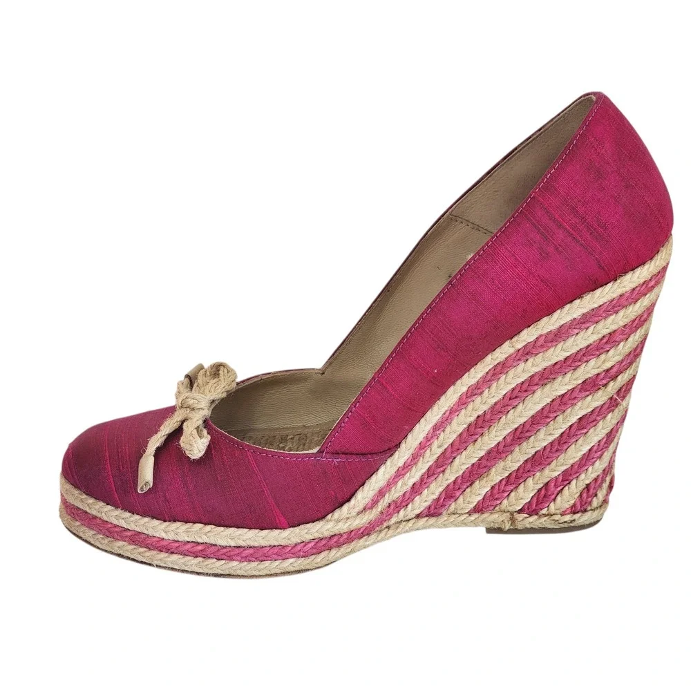 Kate Spade New York Pink Silk Espadrille Wedge Pumps Rope Bow Heels Womens 7