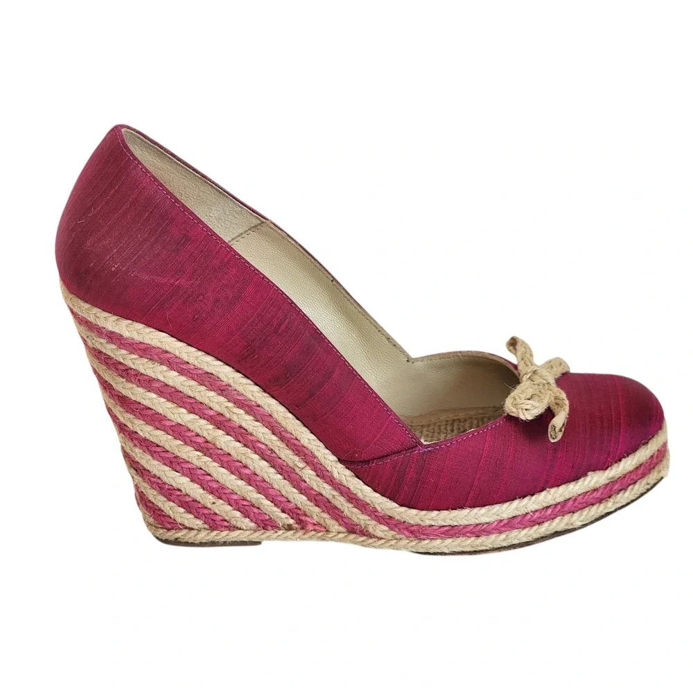Kate Spade New York Pink Silk Espadrille Wedge Pumps Rope Bow Heels Womens 7