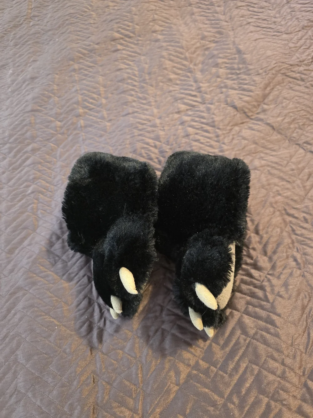 Lazy One Black Plush Bear Paw Kids Slippers with Cream Claws