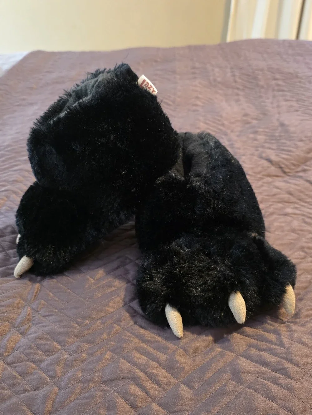 Lazy One Black Plush Bear Paw Kids Slippers with Cream Claws