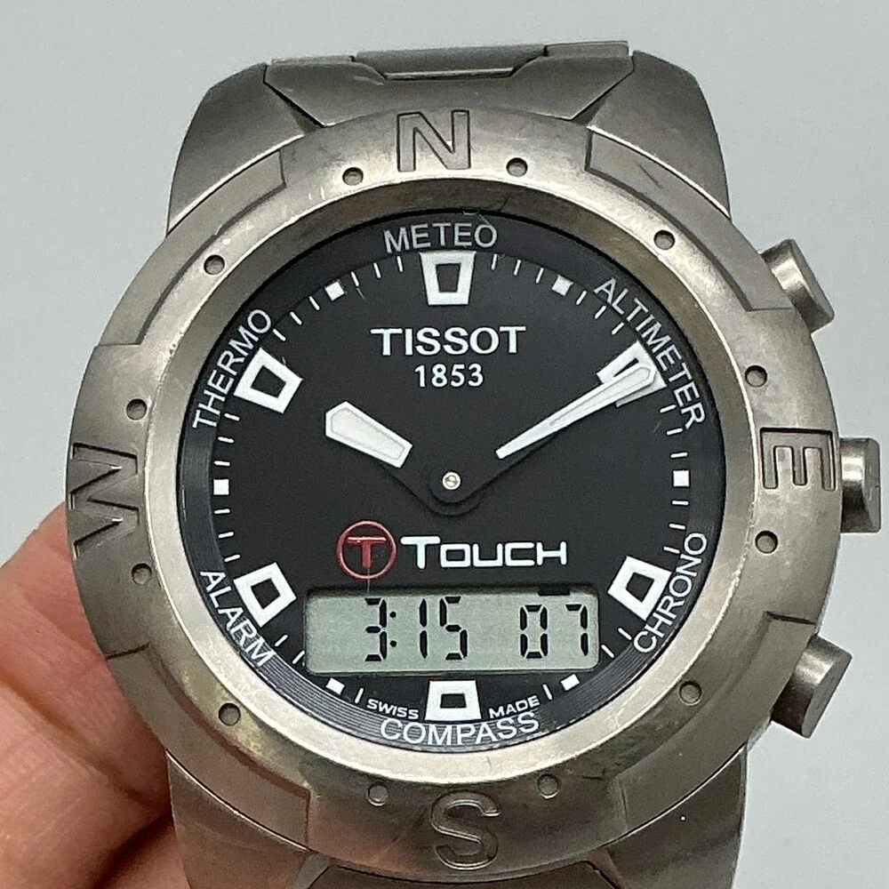 Tissot T-Touch Mens Watch 40mm Black Dial Titanium Bracelet New Battery 7.5