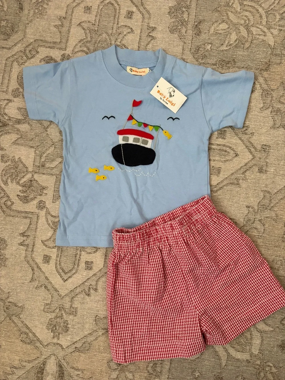 Baby Luigi 12M NWT boat embroidered t-shirt. Gingham shorts ADORABLE outfit