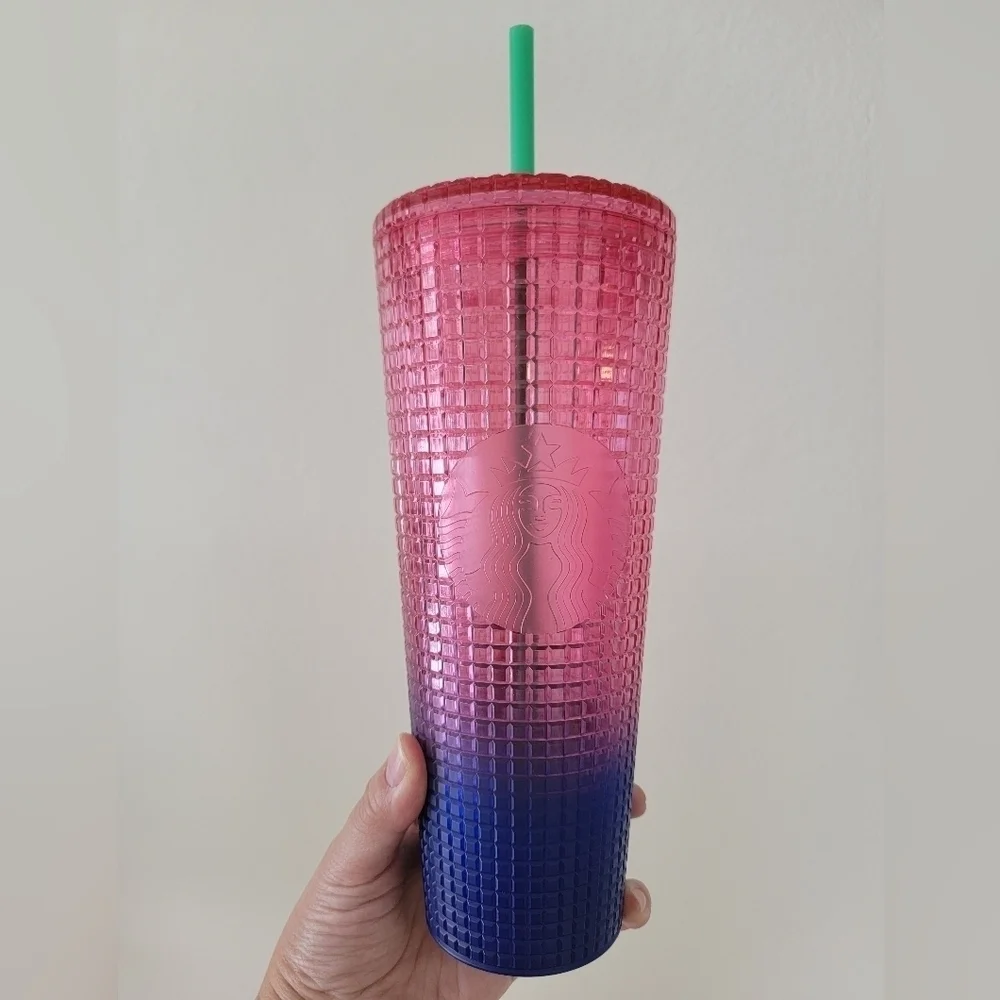NWT Starbucks 2022 Pink & Purple Gradient Grid Venti Tumbler Cup