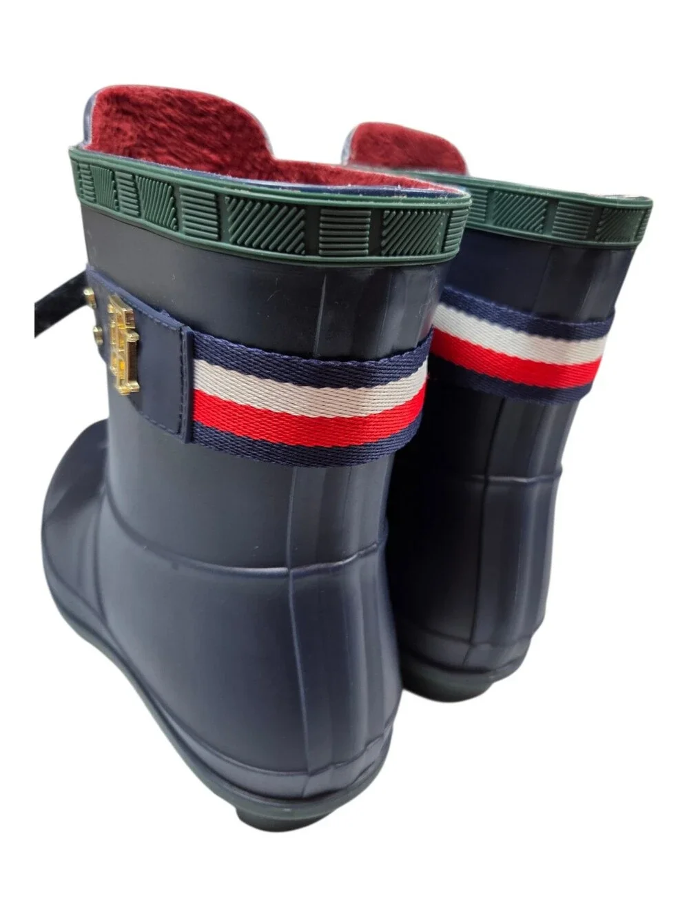 Tommy Hilfiger Navy Blue Rain Boots w/Red Faux Fur Lining Slip On Size 8