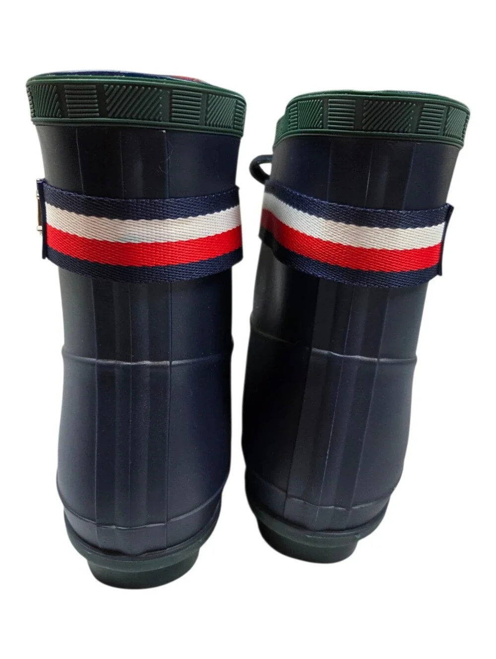 Tommy Hilfiger Navy Blue Rain Boots w/Red Faux Fur Lining Slip On Size 8