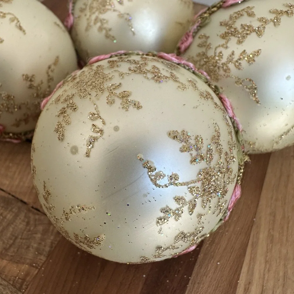 VTG 4 Christmas Glass Ornaments 2.625 Inch Yellow Glitter Floral Ribbon Ball‎