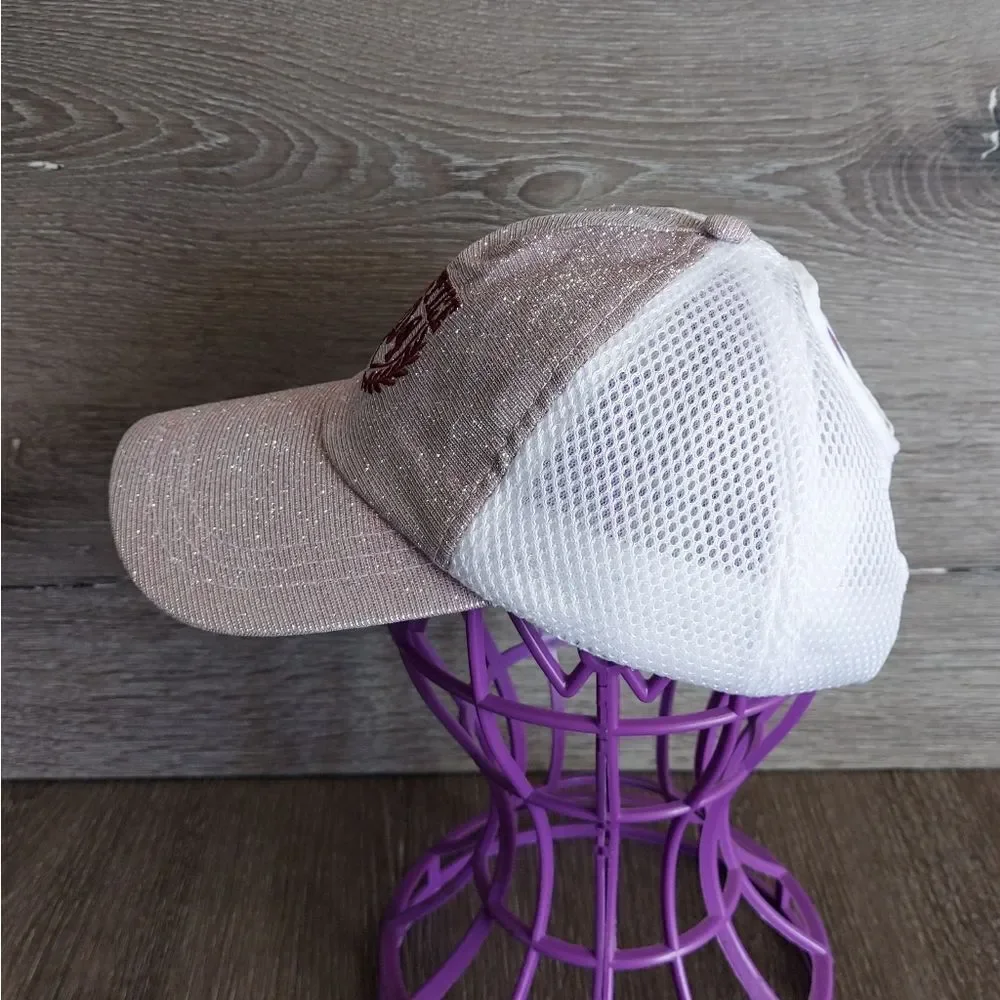 Justice Pink Shimmering Sparkly Iridescent Pony Tail Ball Cap Hat OSFM