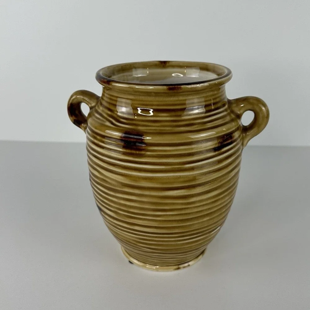 Vintage Clay Pottery Ribbed Jar Handles Utensil Crock 7x5 Gold Yellow Primitive
