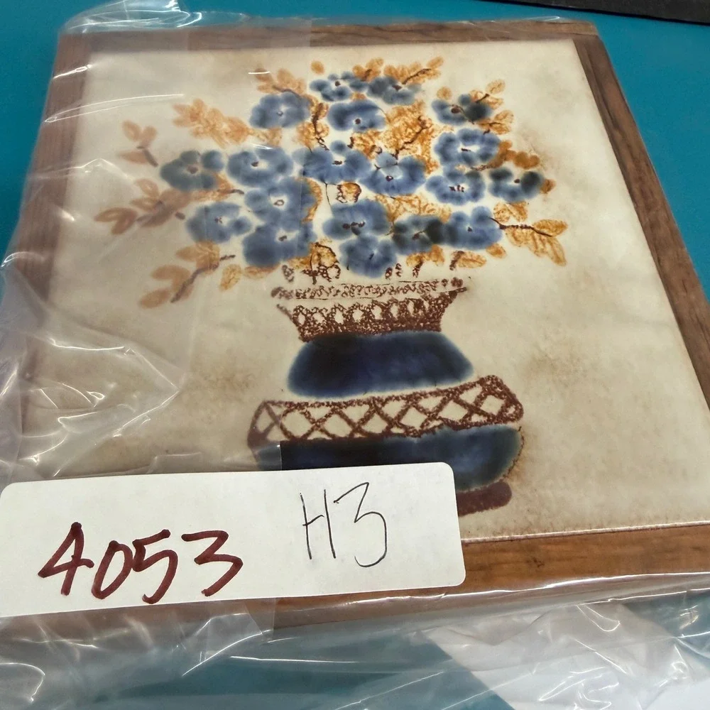 Vintage Italian Ceramic Art Tiles Set of 2 Wood Framed Floral Blue Made in Italy