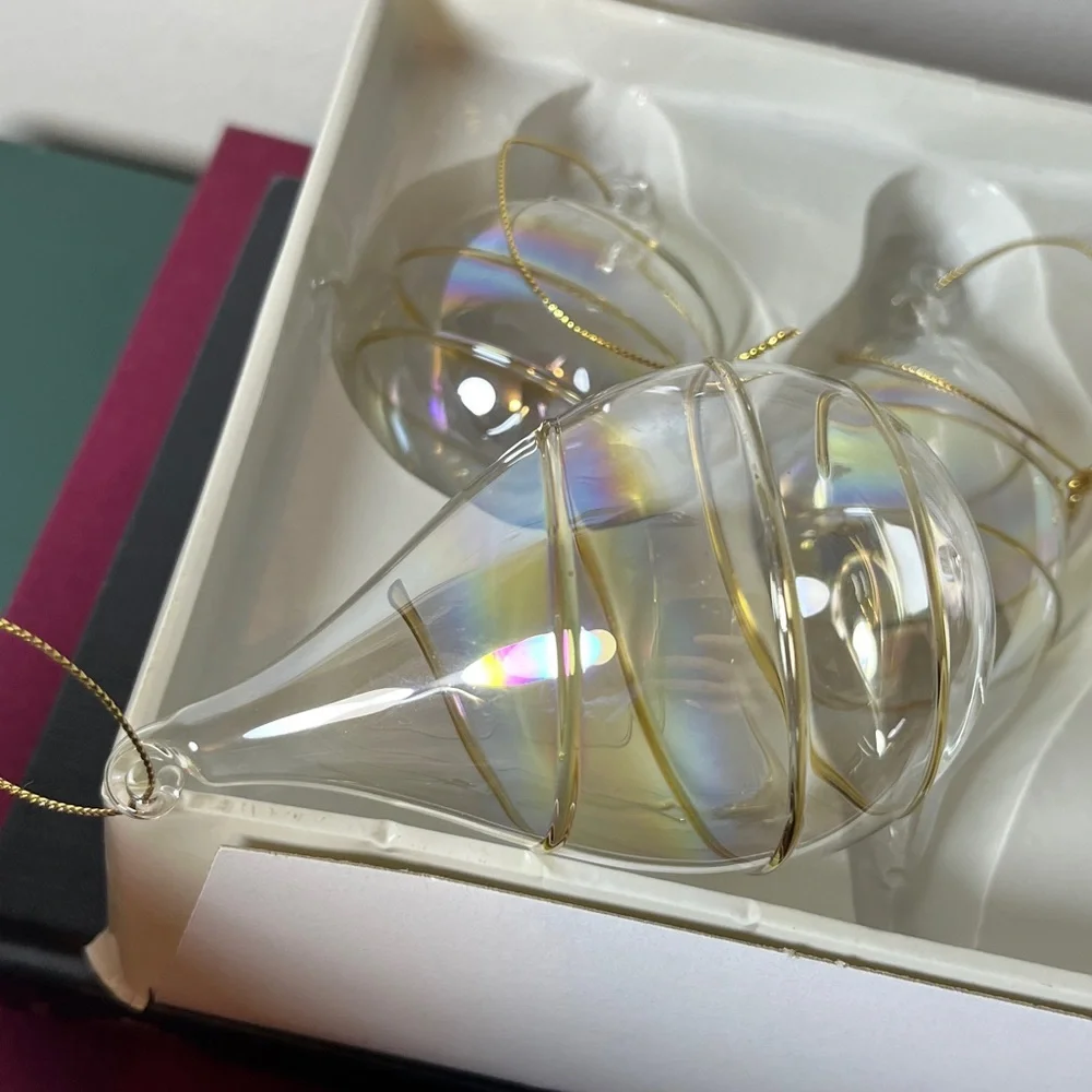 Vintage Hand Blown Iridescent Clear Glass Gold Spiral Finial Holiday Ornaments‎
