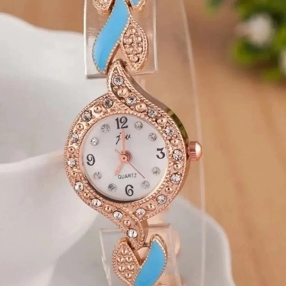 Delicate Blue Opal W/Rhinestones Decorating Outer Trim Bracelet Jewelry Watch