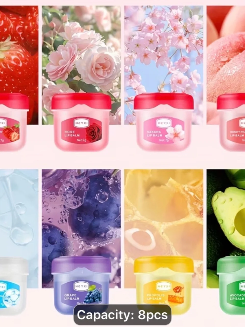 8Assorted Fruit & Floral Lip Balm. Anti-chapping mask for Smooth Lips
