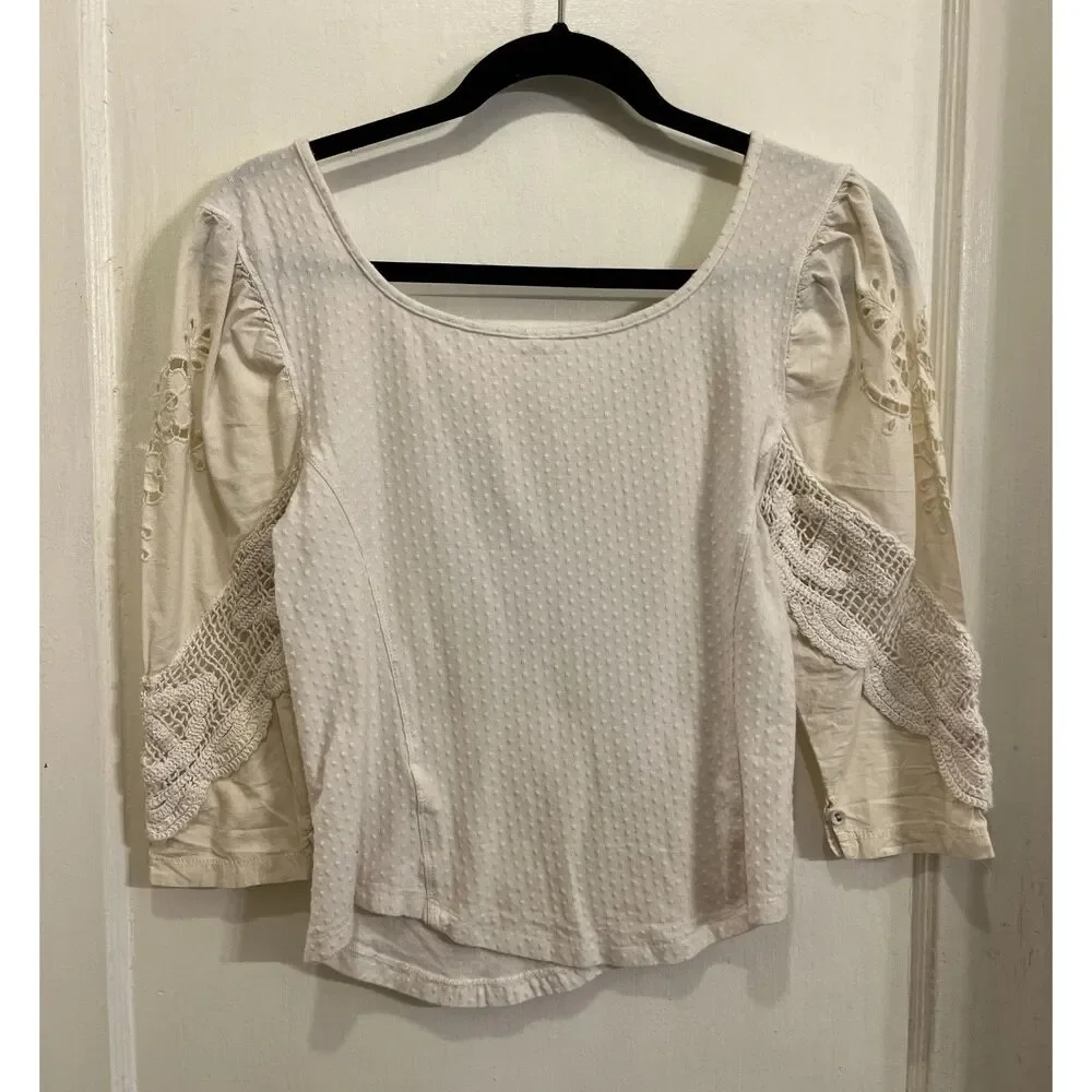 Free People White Cottage Croquet Prairie Blouse Top Shirt  Women's Size Small