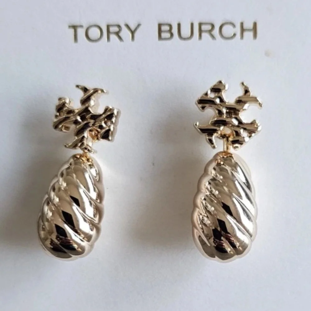 NWT Authentic Tory Burch Textured Rope Front Back Drop Earrings Shiny Gold
