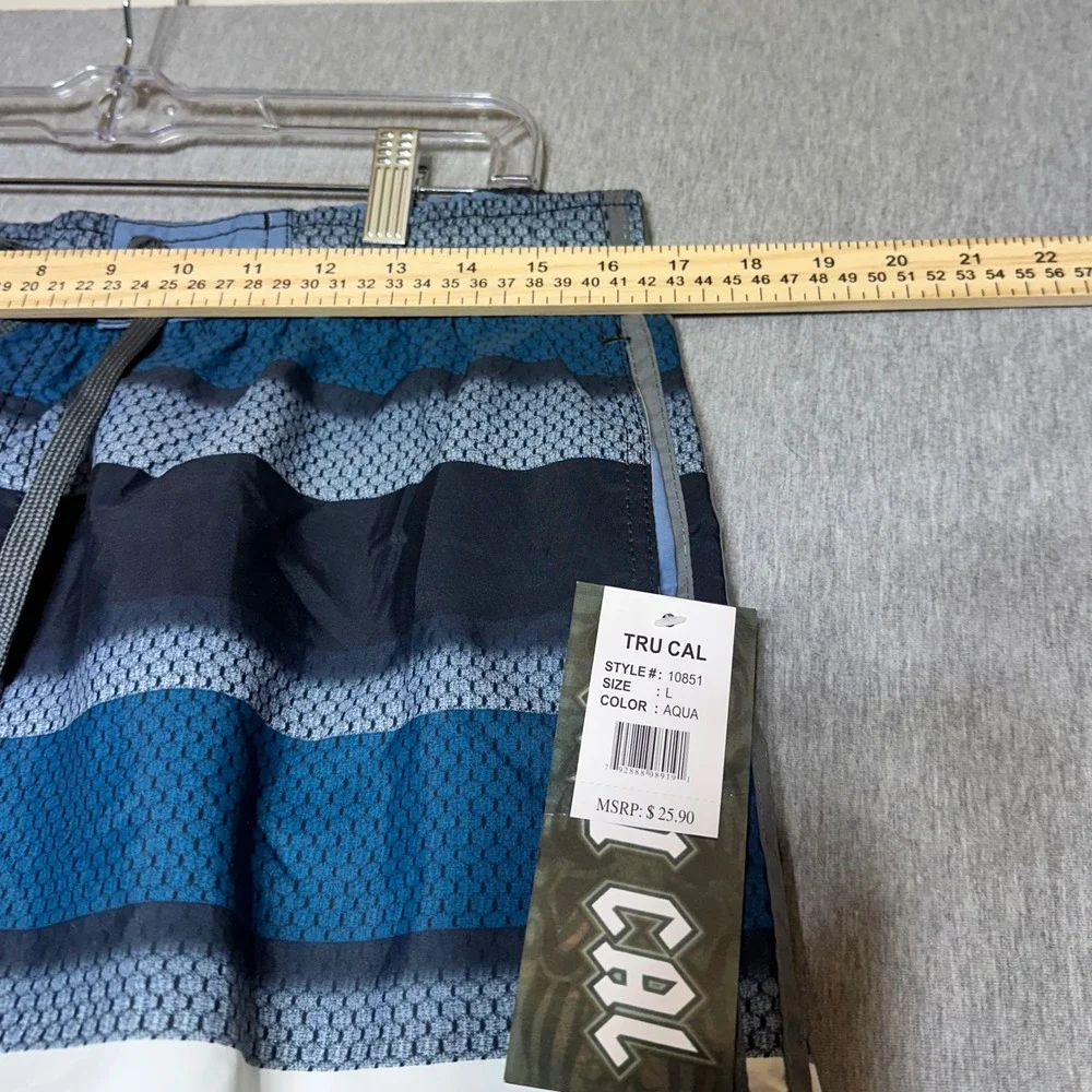 Tru Cal Mens Board Shorts Aqua Blue Striped Swim Trunks Cargo Pocket Size L NWT