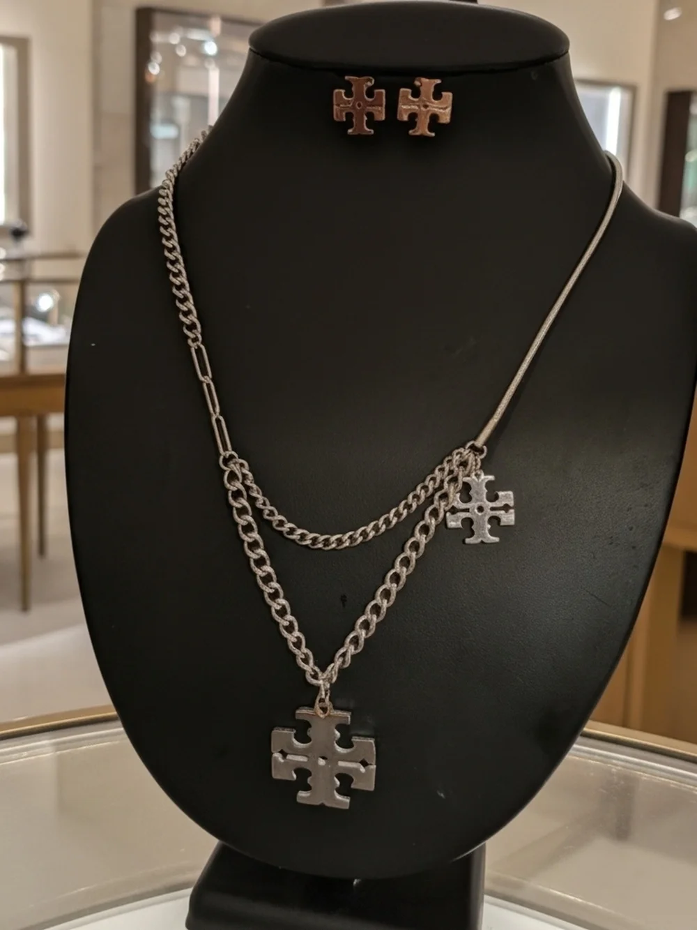 Tory Burch Silver Double-Layer Logo Necklace with Stud Earrings