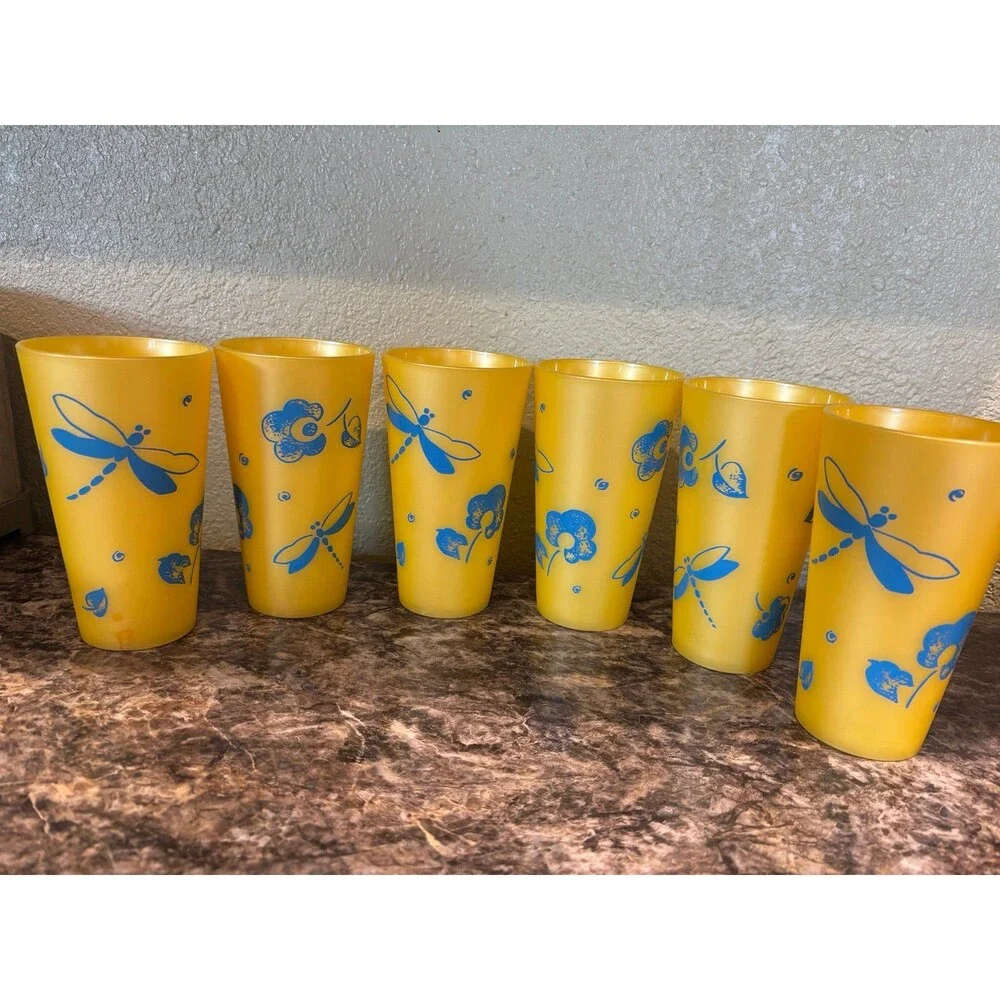 Thermo-serv USA vintage yellow blue dragonfly floral cup tumbler lot 20 oz mcm