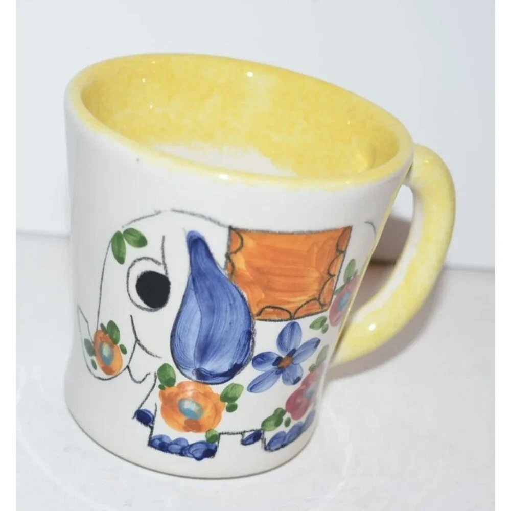 Vtg Elephant Mug Coffee Cup Floral Italy‎ Hand Painted Unique design