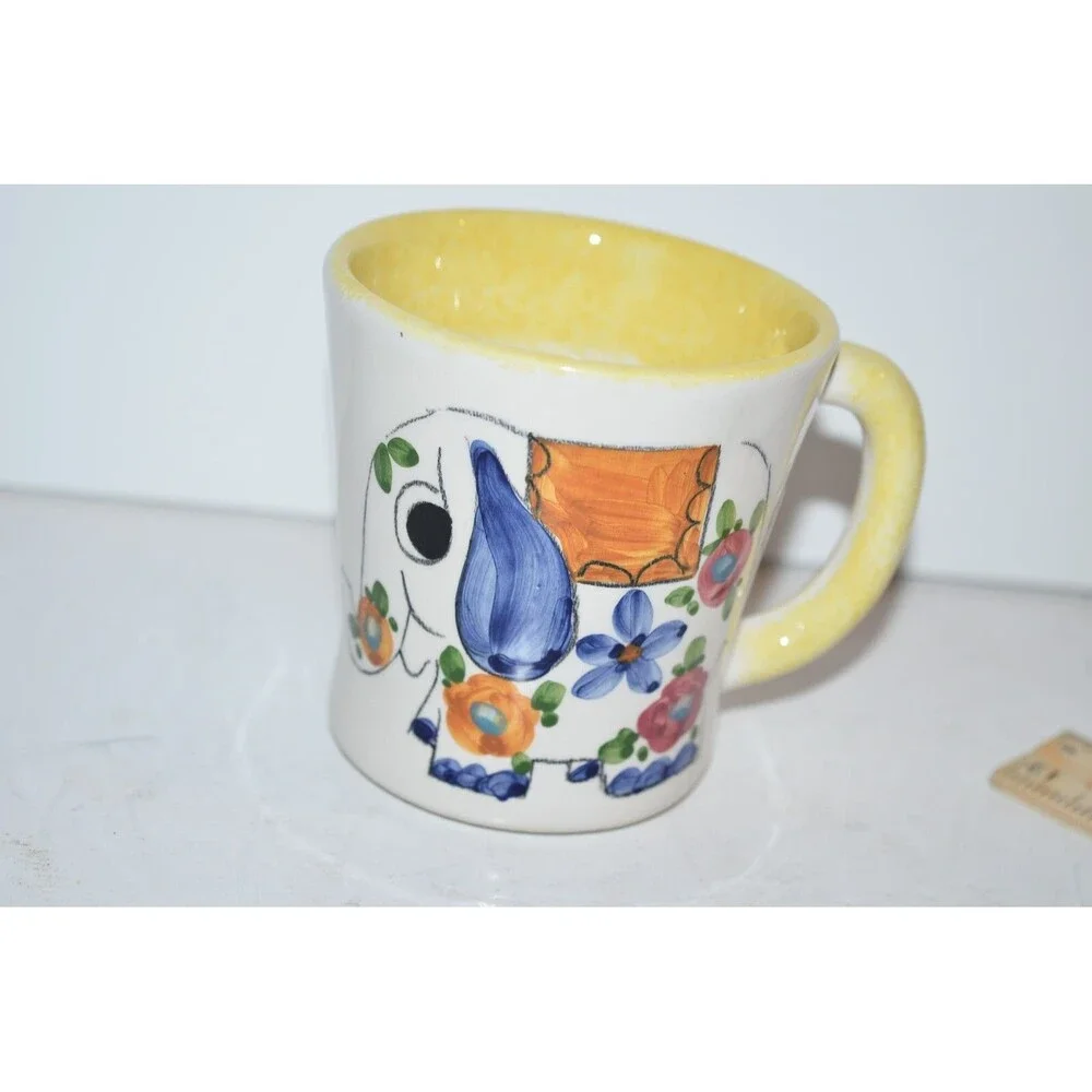 Vtg Elephant Mug Coffee Cup Floral Italy‎ Hand Painted Unique design