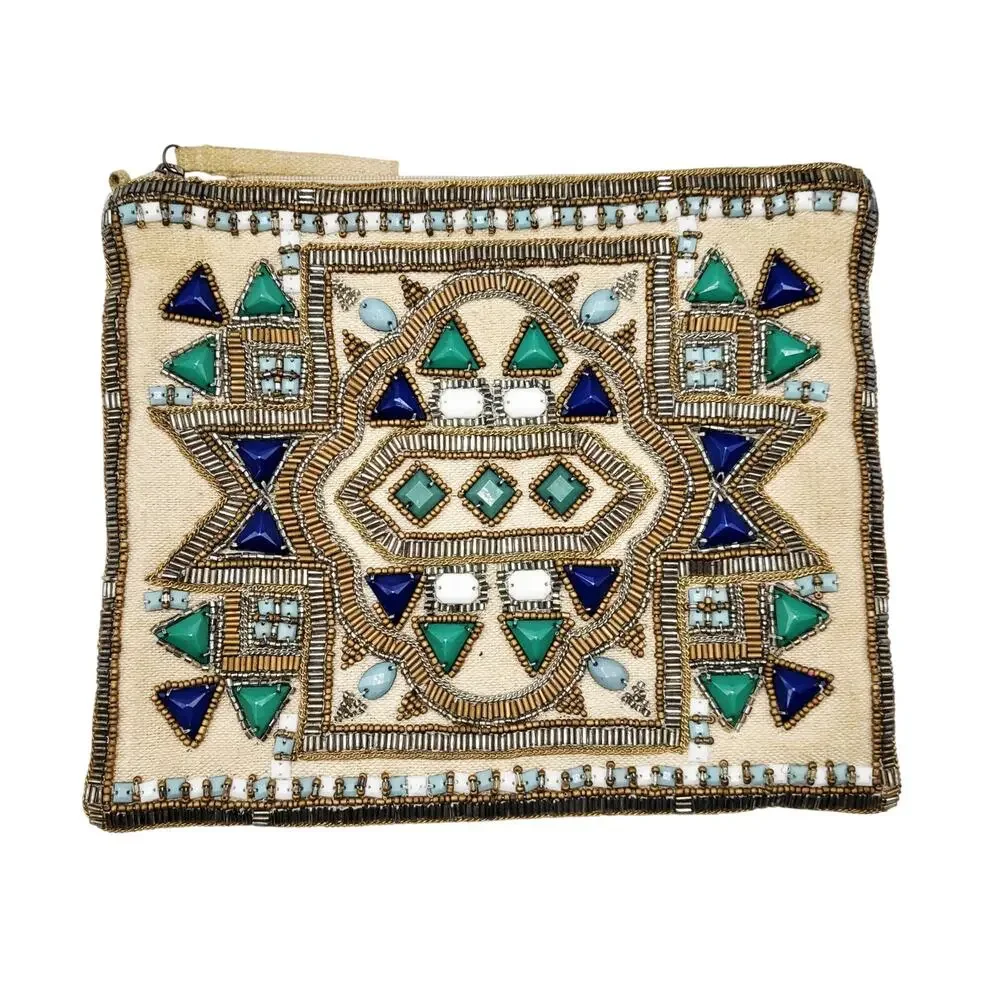 Chico's Aztec Boho-style Inspired Embellished Chain Envelope Clutch Beaded Bag