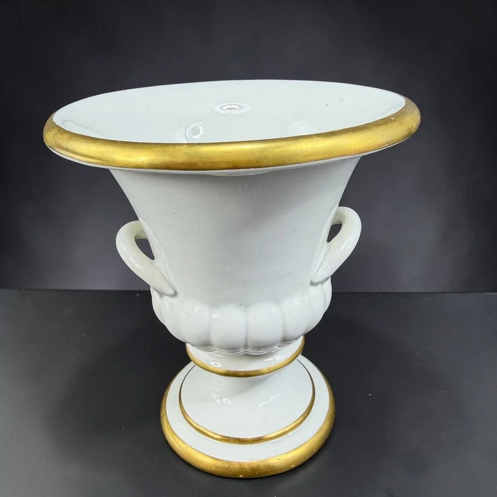 Mottahedeh Italy Porcelain Footed Urn Vase Bowl White Gold Trim Double Handle
