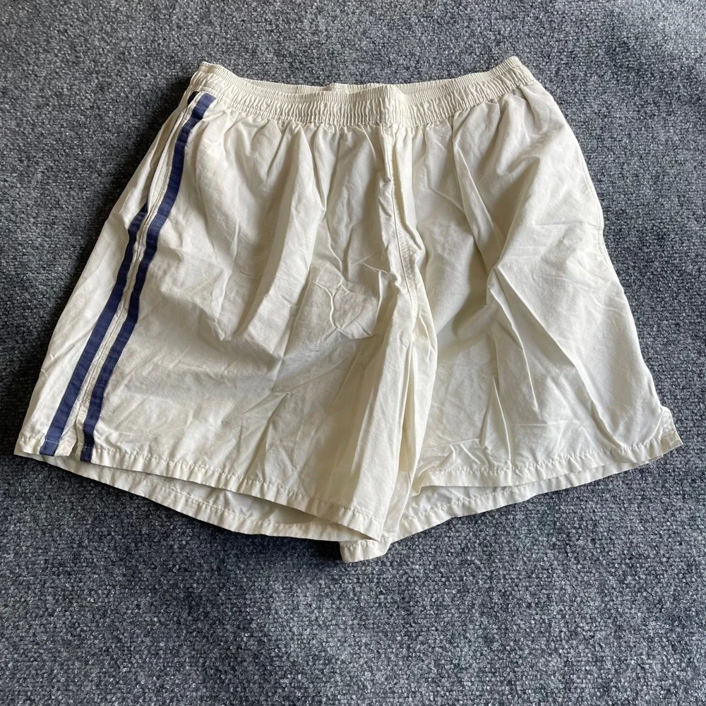 Speedo Mens Vintage Swim Trunks Cream Navy Blue Side‎ Stripe Mesh Liner Large