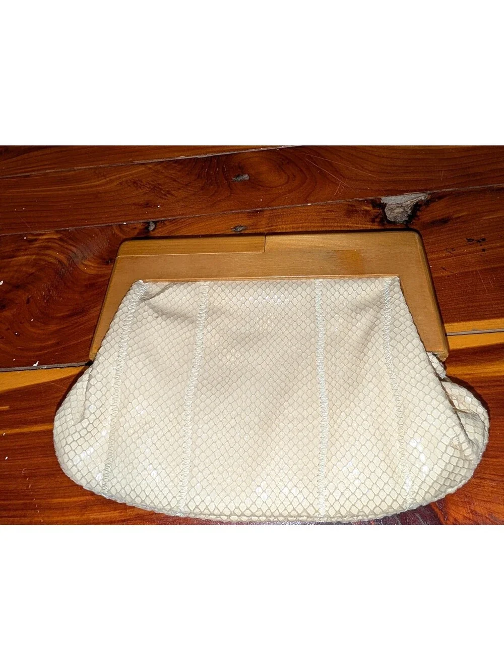 Sondra Roberts Beige Mesh Clutch with Wooden Frame