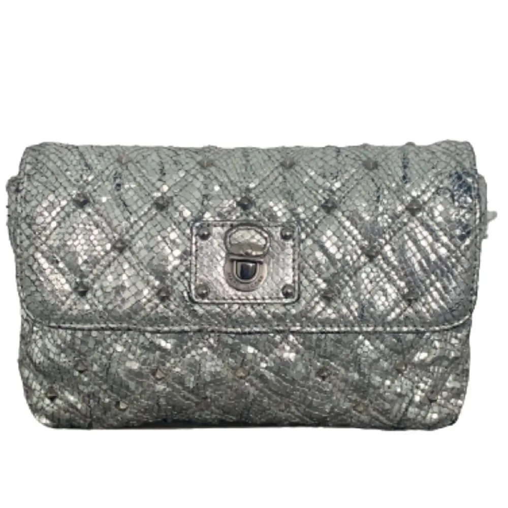Marc Jacobs Quilted Leather Snakeskin Animal Print Embossed Studded Silver Bag