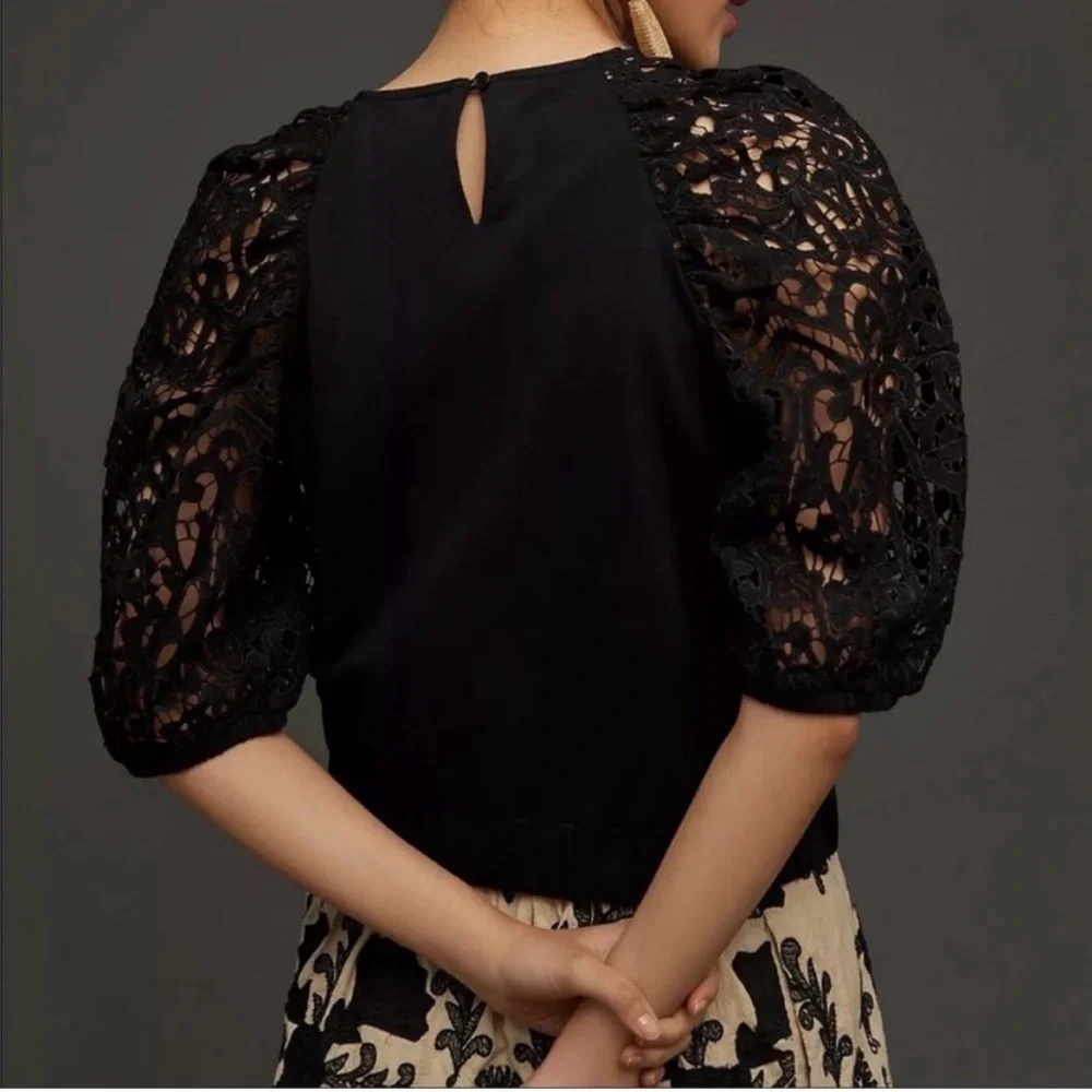 Anthropologie Dolan Black Lace balloon Sleeve Blouse L
