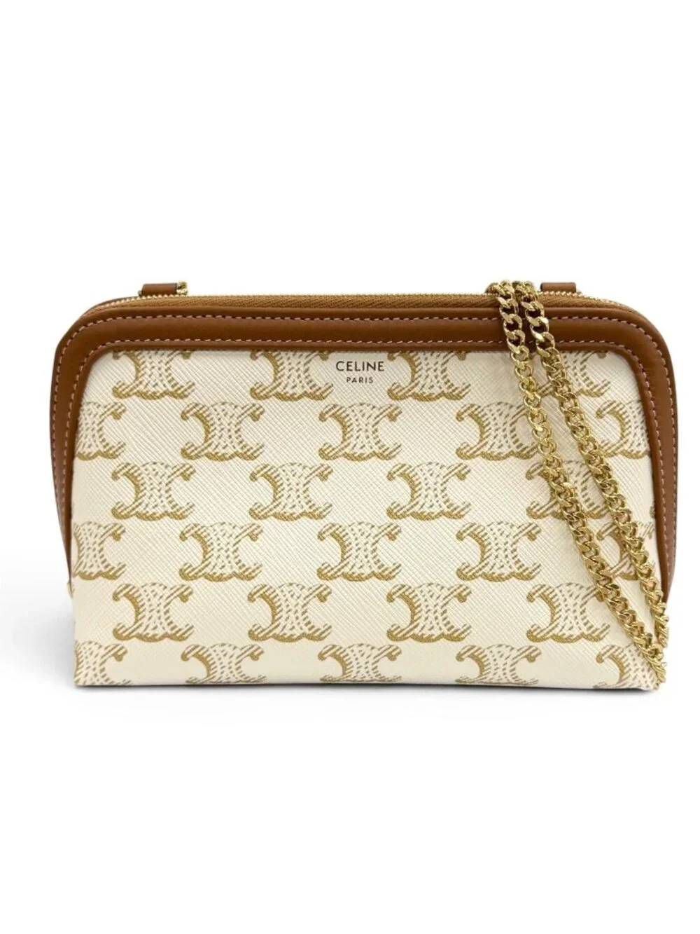 Celine Triomphe Canvas Logo Chain Clutch Shoulder Bag Off White Brown