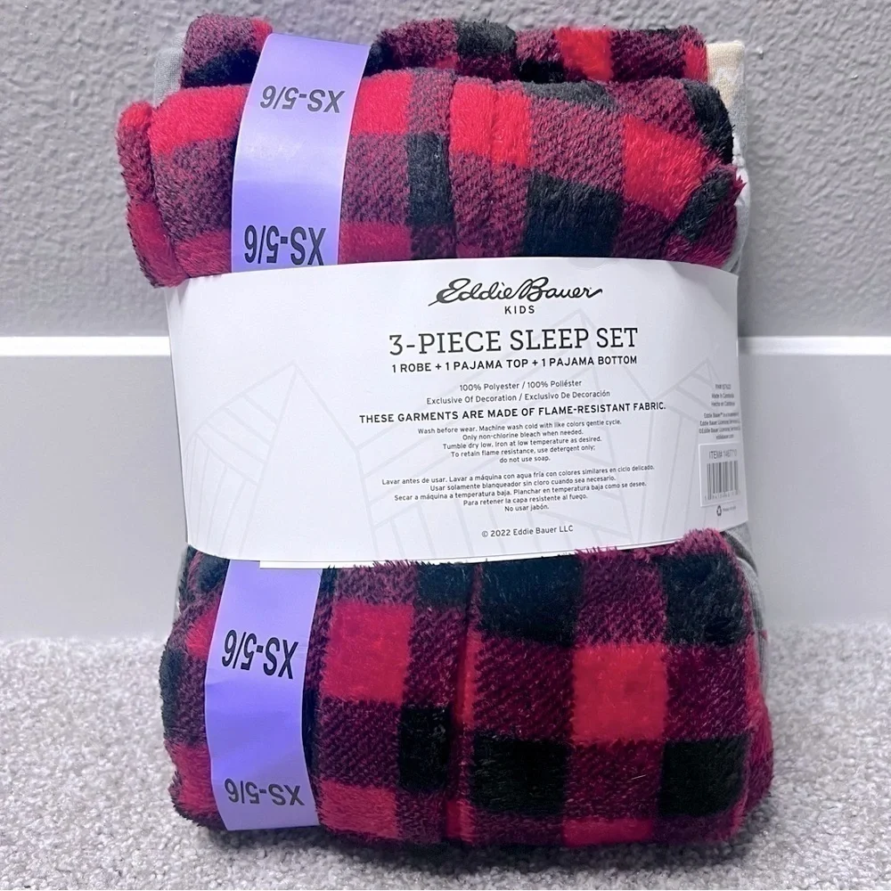 💚 NWT Eddie Bauer kids plush three piece pajama set size XS- 5/6
