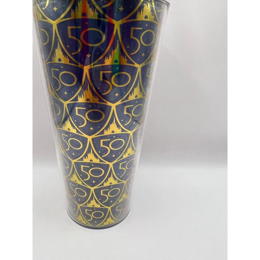 New Disney 50th Anniversary Tumbler Gold Lid‎ Blue Straw Cup Cinderella Castle