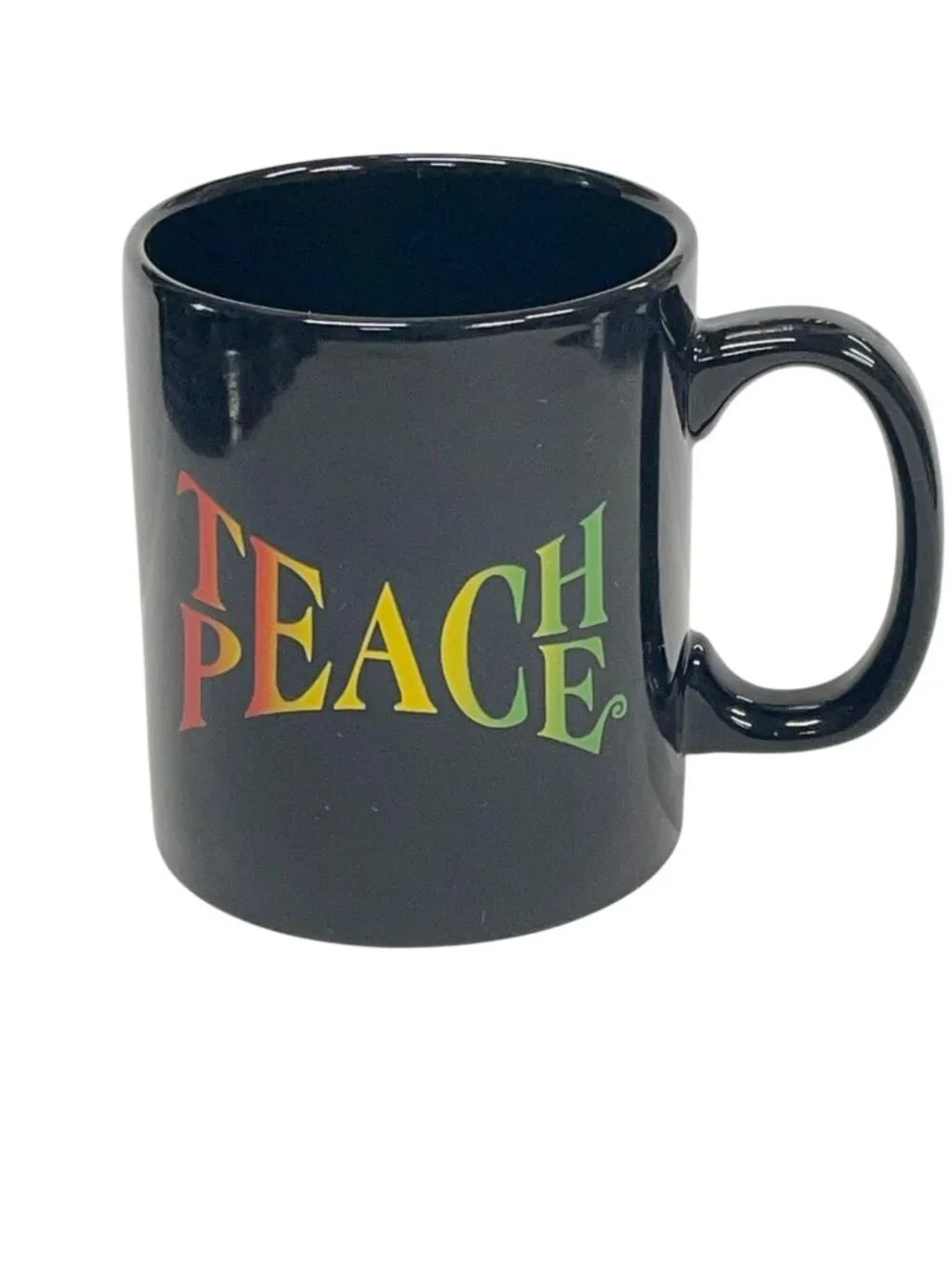 Global Design Confections‎ Black Ceramic Mug 15oz Teach Peace Rainbow Text