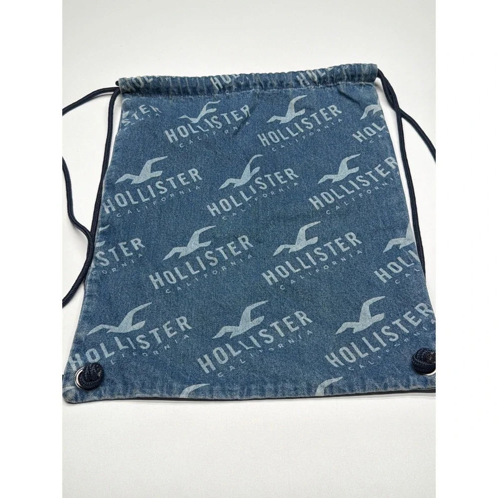 Hollister Denim Drawstring Backpack Blue Logo Print Beach Gym‎ Travel Bag