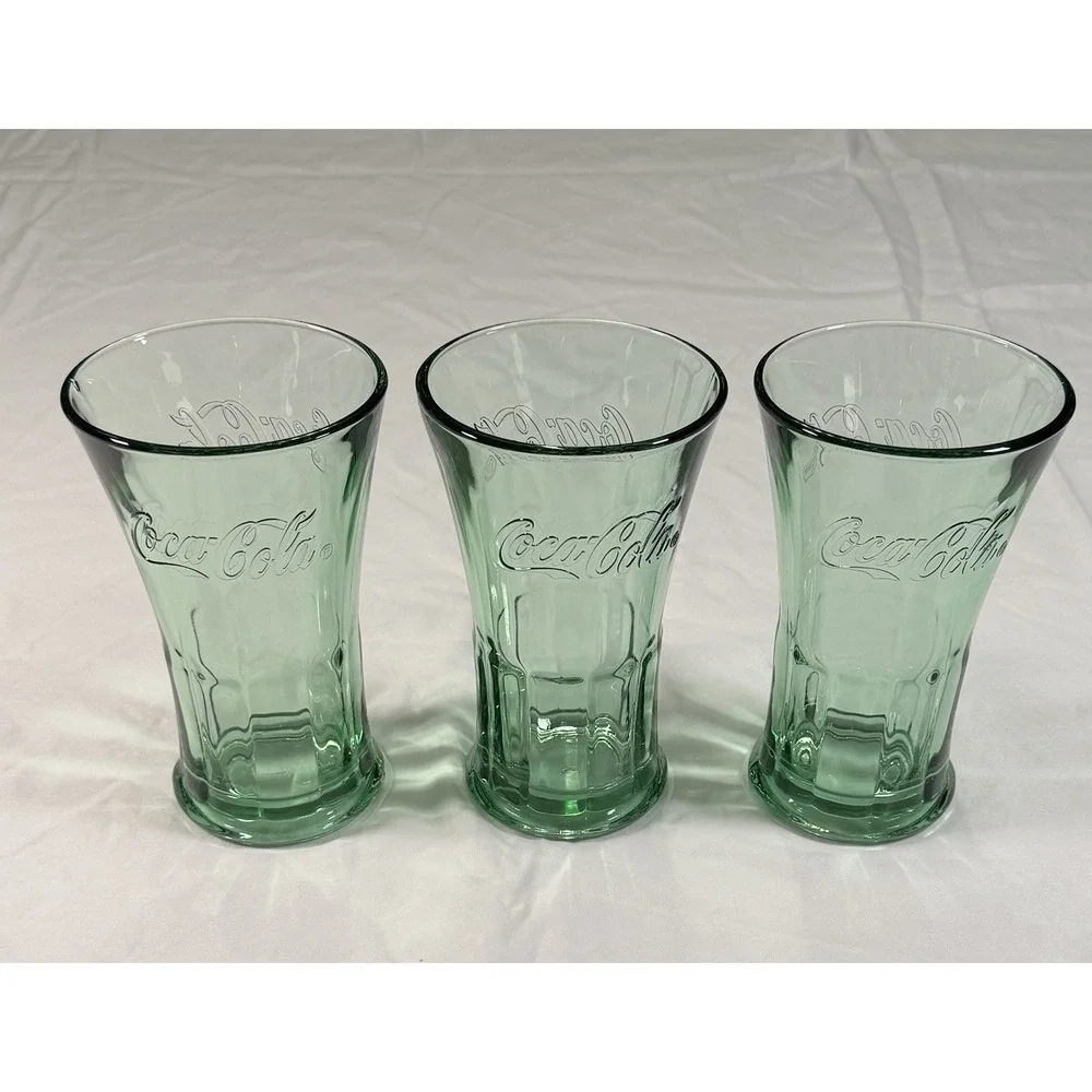 Vintage‎ Coca-Cola Green Glass Tumbler Set Embossed Coke Glasses Set of 3