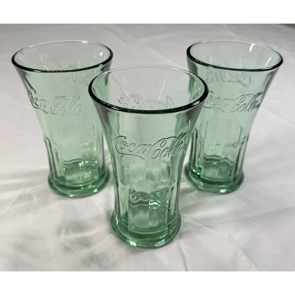 Vintage‎ Coca-Cola Green Glass Tumbler Set Embossed Coke Glasses Set of 3